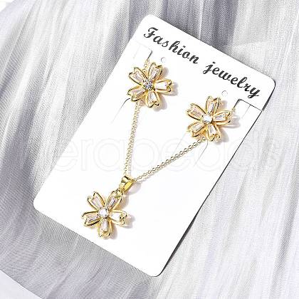 Flower Brass Micro Pave Cubic Zirconia Stud Earrings & Pendant Necklaces Sets SJEW-Z002-02G-1