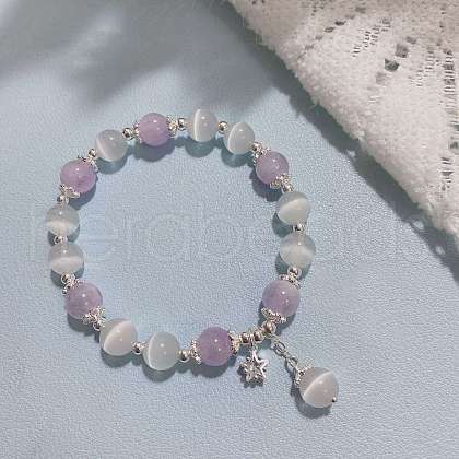 Star Alloy Cat Eye & Natural Amethyst Round Beaded Charm Bracelets WG18D49-02-1
