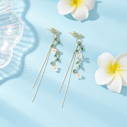 Leaf with Flower Brass Micro Pave Cubic Zirconia Tassel Stud Earrings EJEW-JE06456-1