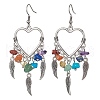 Alloy Heart & Feathter Woven Net Chandelier Earrings EJEW-JE05423-1