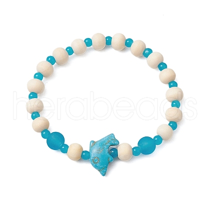 Synthetic Turquoise & Wood & Glass Beaded Stretch Bracelets for Women BJEW-JB11124-03-1