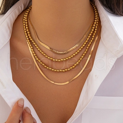 4Pcs 4 Styles CCB Plastic Round Beaded Necklaces and Iron Snake Chain Necklaces NJEW-V003-07G-1