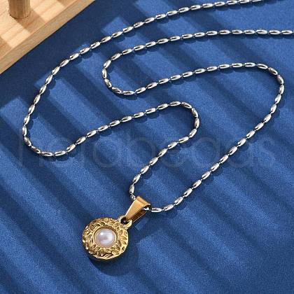 304 Stainless Steel & Plastic Imitation Pearl Flat Round Pendant Necklaces for Women NJEW-S439-05GP-1