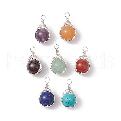 Natural & Synthetic Mixed Gemstone Copper Wire Wrapped Pendants PALLOY-JF02539-02-1