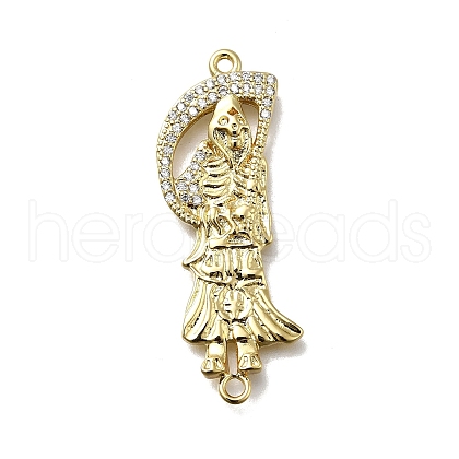 Brass Clear Cubic Zirconia Grim Reaper Connector Charms KK-C090-36G-01-1