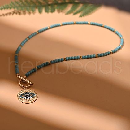 Matal Rhinestone Eye Pendant Dyed Synthetic Turquoise Round Beaded Necklaces for Women FS-WG1E54E-01-1
