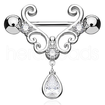316L Surgical Stainless Steel Clear Cubic Zirconia Teardrop Nipple Stirrup WGE53BF-01-1