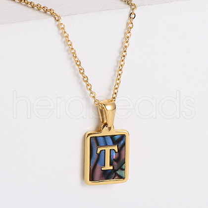 304 Stainless Steel Pave Natural Paua Shell Rectangle Initial Pendant Necklaces for Women FS-WG38E89-20-1