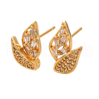 Leaf Brass Micro Pave Clear Cubic Zirconia Stud Earring Findings KK-K382-32G-1
