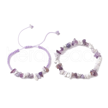 2Pcs Adjustable Natural Gemstone Braided Bracelets & Stretch Bracelet Sets BJEW-JB10997-1