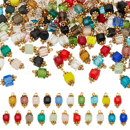 Glass Rectangle Charms with Golden Tone Brass Loops PALLOY-HY00011-1