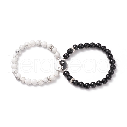2Pcs 2 Style Natural Dyed & Heated Black Agate & Howlite Beaded Stretch Bracelets Set BJEW-TA00163-1