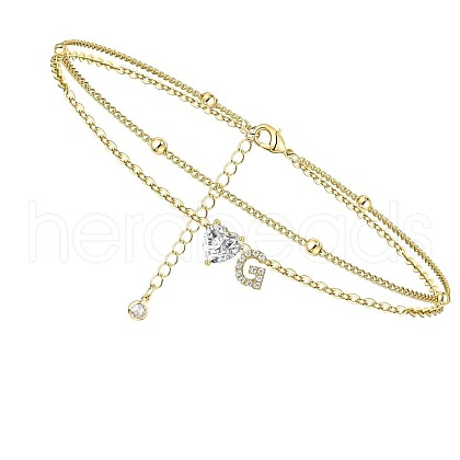 Heart & Letter Brass Crystal Rhinestone Charm Double Layer Anklets FS-WG6749C-07-1