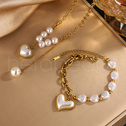Heart 304 Stainless Steel & Plastic Imitation Pearl Pendant Necklaces & Charm Bracelets Sets FS-WGD716F-03-1