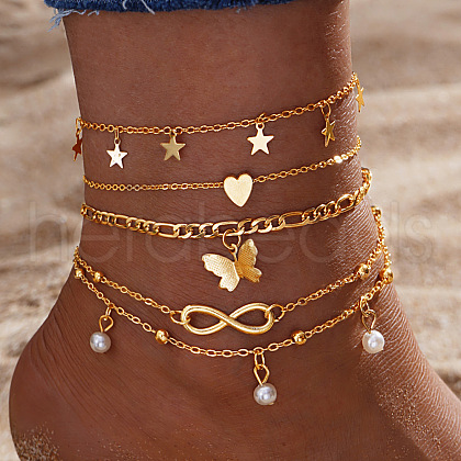 5Pcs Alloy Imitation Pearl Anklets WG853BB-01-1