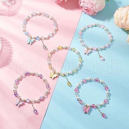 5Pcs Frosted Dyed Synthetic Moonstone & Shell Pearl Round Beads Stretch Bracelets BJEW-JB11822-1