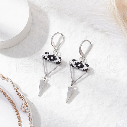 Triangle with Eye Brass Glass Seed Beaded Leverback Earrings EJEW-MZ00452-05-1