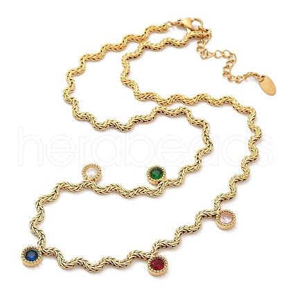 304 Stainless Steel Rope Chain Colorful Cubic Zirconia Tassel Necklaces for Women NJEW-V015-01G-D-1