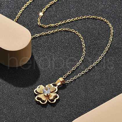 304 Stainless Steel Crystal Rhinestone Clover Pendant Necklaces for Women NJEW-Z056-03G-1