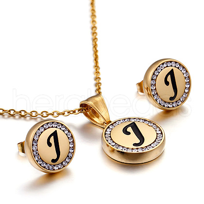 Flat Round with Letter Pattern 304 Stainless Steel Crystal Rhinestone Pendant Necklace & Stud Earring FS-WG33EDD-10-1