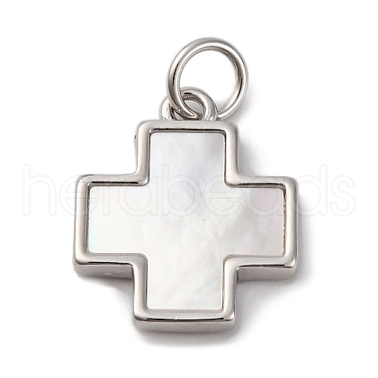 Brass Pave Natural White Shell Cross Pendants KK-P308-01P-1