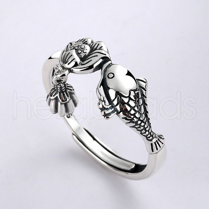 Carp with Lotus 925 Sterling Silver Adjustable Finger Rings for Women FS-WG36D80-01-1