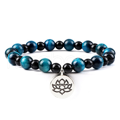 Yoga Natural Dyed Blue Tiger Eye Round Beads Charm Bracelets SH1443-4-1