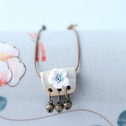 Porcelain Flower Alloy Bell Pendant Waxed Cord Necklaces for Women FS-WG870A5-04-1