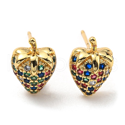 Colorful Cubic Zirconia Strawberry Stud Earrings EJEW-F321-01G-1