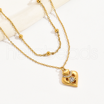 Fashionable Stainless Steel Pave Clear Cubic Zirconia Double Layer Cable Chain Heart Pendant Necklaces for Women SW5680-1