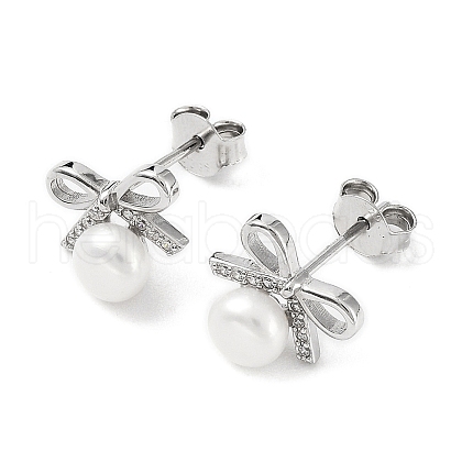 Anti-Tarnish Cubic Zirconia Bowknot with Natural Pearl Stud Earrings EJEW-F318-09P-1