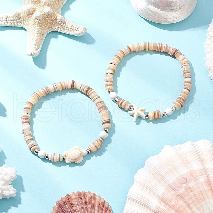 2Pcs Starfish & Tortoise Natural Freshwater Shell with Synthetic Turquoise Beads Stretch Bracelets for Men Women BJEW-JB11744-1
