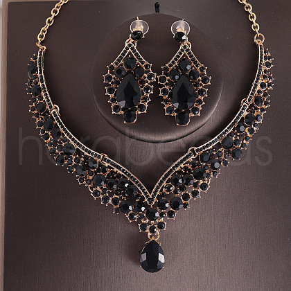 Teardrop Alloy Rhinestone Pendant Necklaces & Stud Dangle Earrings Sets FS-WGCA643-08-1