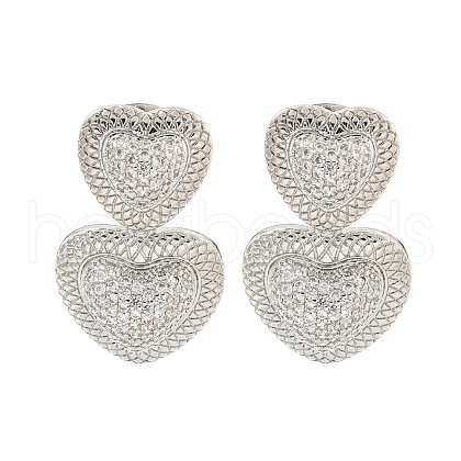 Heart Brass Pave Clear Cubic Zirconia Dangle Stud Earrings EJEW-M258-27P-1