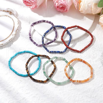 7Pcs Natural Red Aventurine/ Red Jasper/ Green Aventurine/ Tiger Eye/ Turquoise/ Lapis Lazuli/ Lepidolite Beads Stretch Bracelets for Women BJEW-JB11670-1
