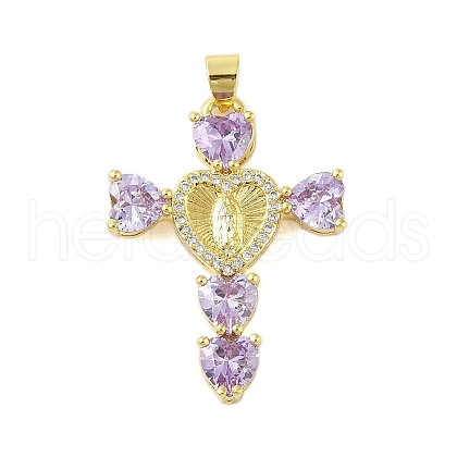 Rack Plating Brass Micro Pave Cubic Zirconia Heart Shape Virgin Mary Cross Pendant KK-S380-44D-G-1