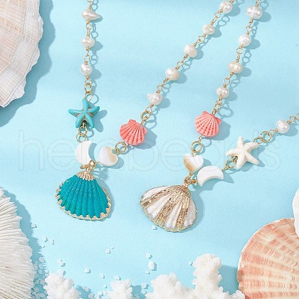 2Pcs 2 Colors Summer Spray Paint & Electroplate Sea Shell Pendants Necklaces NJEW-JN05182-1