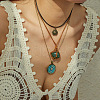 Synthetic Turquoise Macrame Pouch and Alloy Glass Sun Pendant 3 Layer Necklaces for Women FS-WG9A89D-01-2