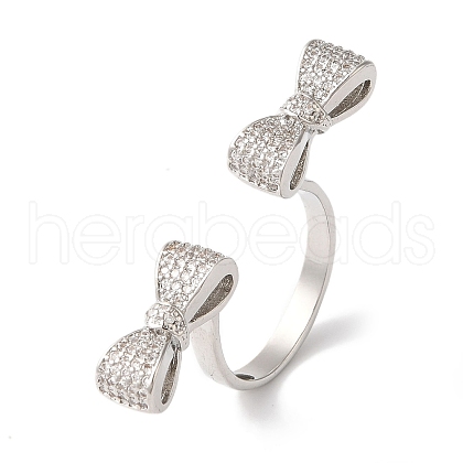 Bowknot Brass Micro Pave Clear Cubic Zirconia Open Cuff Rings for Women RJEW-C098-15P-1