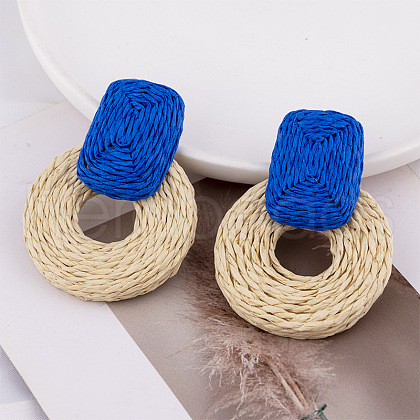 Rectangle with Flat Round Alloy Raffia Dangle Stud Earrings FS-WGEAAFD-05-1