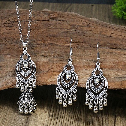 Bohemian Style Alloy & Rhinestone & Plastic Pearl Pendant Bell Tassel Necklaces & Dangle Earring FS-WGA0D62-02-1
