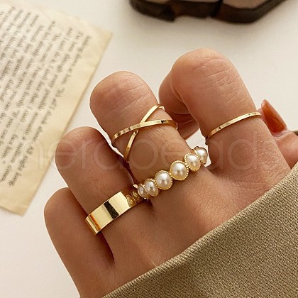 4Pcs Alloy with Plastic Pearl Finger Rings WG0612F-09-1