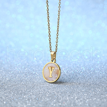 Flat Round Stainless Steel Pave Natural White Shell Initial Pendant Necklaces for Women FS-WG6FA45-25-1