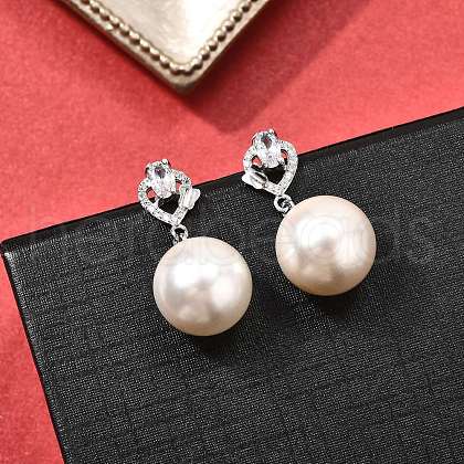 925 Sterling Silver Clear Cubic Zirconia Heart with Round Dangle Stud Earrings EJEW-L300-05P-1
