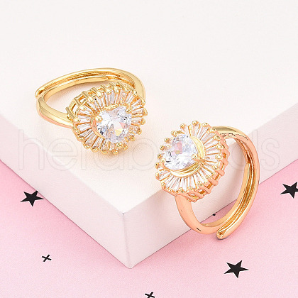 Brass Micro Pave Clear Cubic Zirconia Cuff Rings for Women KK-T074-18G-1