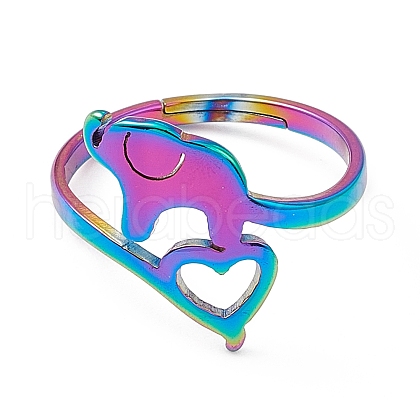 Ion Plating(IP) 201 Stainless Steel Elephant with Heart Adjustable Ring for Women RJEW-K238-07M-1