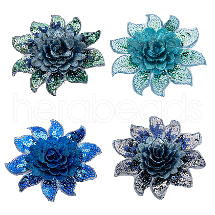  4Pcs 4 Colors 3D Flower Pattern Polyester Fabrics Computerized Embroidery Cloth Sew on Appliques PATC-NB0001-15A-1