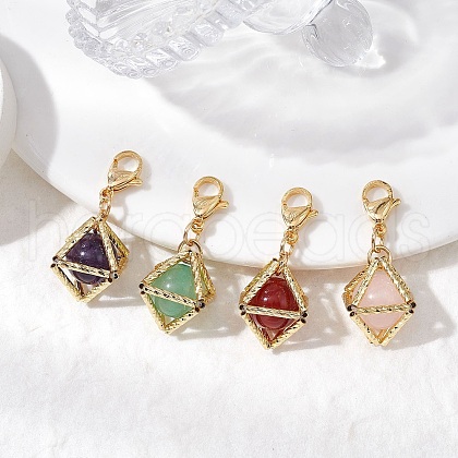 Round Natural Amethyst & Green Aventurine & Rose Quartz & Carnelian & Brass Rhombus Pendant Decorations HJEW-TA00334-1