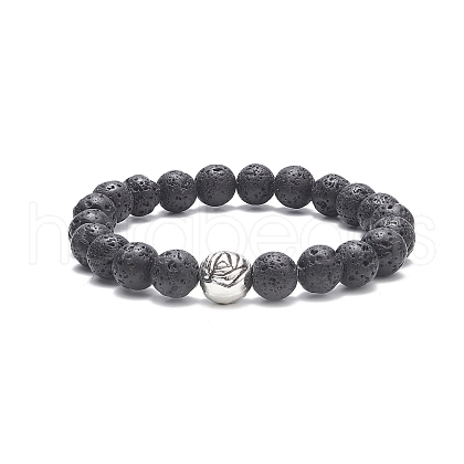 Natural Lava Rock & Alloy Rose Beaded Stretch Bracelets BJEW-JB09398-1