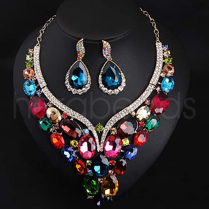 Teardrop Alloy Glass Stud Earrings & Bib Necklaces Sets for Women FS-WGC29D0-04-1